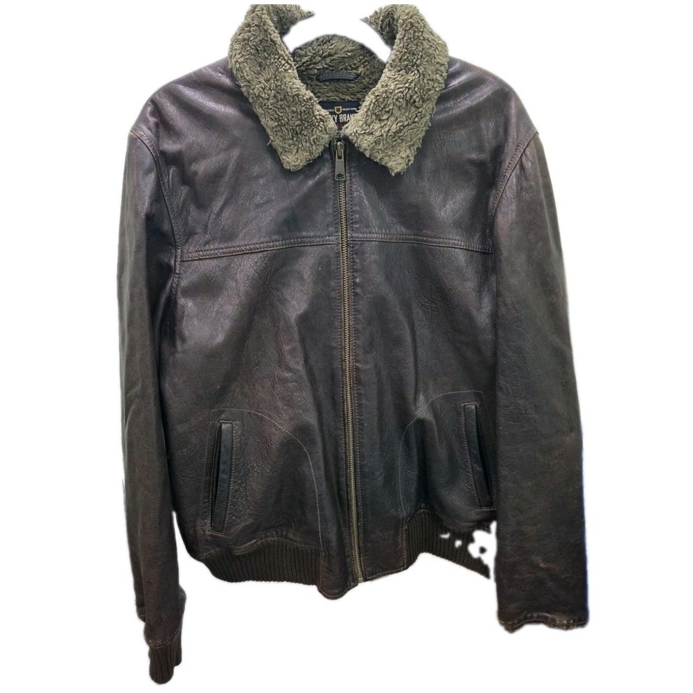 Lucky Brand Mens Genuine Leather Bomber Jacket Brown Faux Shearling Collar L